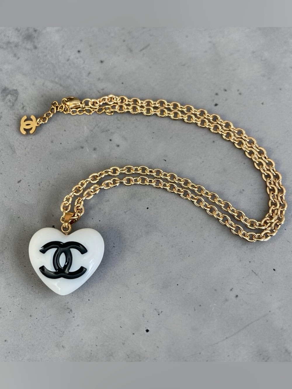 Chanel White Heart Pendant Necklace with Black CC Logo